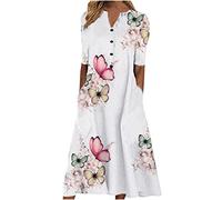 Boho Dresses for Women UK Clearance Italian Short Sleeve Button V Neck Dresses with Pocket Floral Casual Sundress Swing Midi Dress Loose Pullover Dress Lounge Dress Beach Holiday Dress