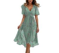 Boho Dresses for Women UK Floral Printed Chiffon Ladies Dress Elegant V Neck Belted Summer Wedding Prom Cocktail Dresses Women's A-line Flowing Hemline Casual Dress for Daily Vacation Light Green
