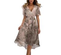 Boho Dresses for Women UK Floral Printed Chiffon Ladies Dress Elegant V Neck Belted Summer Wedding Prom Cocktail Dresses Women's A-line Flowing Hemline Casual Dress for Daily Vacation Rose Gold