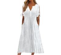 Boho Dresses for Women UK Holiday Essentials Ladies Summer Dresses Short Sleeve Casual Boho Midi Sundress V Neck Hollow Out Eyelet Ruffle Swing A Line Flowy Vacation Dress