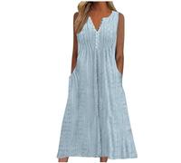 Boho Dresses for Women UK Italian Linen Dresses Sleeveless Button V Neck Dresses with Pocket Plaid Casual Sundress Swing Midi Dress Loose Fit Pullover Dress Lounge Dress Beach Dress