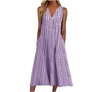 Boho Dresses for Women UK Italian Linen Dresses Sleeveless Button V Neck Dresses with Pocket Plaid Casual Sundress Swing Midi Dress Loose Fit Pullover Dress Lounge Dress Beach Dress Purple