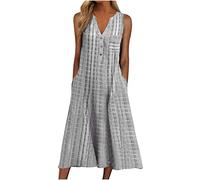 Boho Dresses for Women UK Italian Linen Dresses Sleeveless Button V Neck Dresses with Pocket Plaid Casual Sundress Swing Midi Dress Loose Fit Pullover Dress Lounge Dress Beach Dress Gray