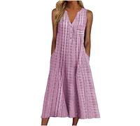 Boho Dresses for Women UK Italian Linen Dresses Sleeveless Button V Neck Dresses with Pocket Plaid Casual Sundress Swing Midi Dress Loose Fit Pullover Dress Lounge Dress Beach Dress Pink