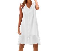 Boho Dresses for Women UK Italian Linen Dresses Sleeveless Button V Neck Sundress Plain Casual Swing Midi Dress Loose Fit Pullover Sundresses Lounge Beach Dress White