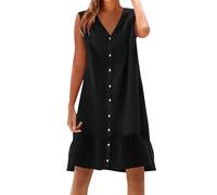 Boho Dresses for Women UK Italian Linen Dresses Sleeveless Button V Neck Sundress Plain Casual Swing Midi Dress Loose Fit Pullover Sundresses Lounge Beach Dress Black