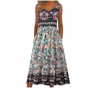 Boho Dresses for Women UK Italian Short Sleeve Button V Neck Dress with Pocket Ladies Floral Casual Sundress Elegant Swing Midi Dress Loose Pullover Lounge Dresses Beach Holiday Sundress