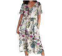 Boho Dresses for Women UK Italian Short Sleeve Button V Neck Dresses with Pocket Vintage Floral Casual Sundress Swing Midi Dress Loose Pullover Dress Lounge Dress Beach Holiday Dress Purple