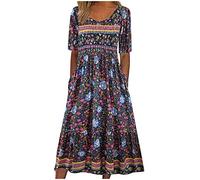 Boho Dresses for Women UK Retro Floral Printed Dresses Round Neck Short Sleeve Dresses Summer Casual Loose Dress Flowy Swing Mini Sliming Sundresses Hawaiian Dress with Pockets Sale Clearance