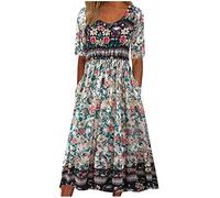 Boho Dresses for Women UK Retro Floral Printed Dresses Round Neck Short Sleeve Dresses Summer Casual Loose Dress Flowy Swing Mini Sliming Sundresses Hawaiian Dress with Pockets Sale Clearance