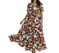 Boho Dresses for Women UK, Womens Summer Maxi Boho Beach Dress Floral Print Sundress Crew Neck Short Sleeve High Waist Flowy Tiered Long Dresses Gifts for Her,Yellow,XXL,u279k