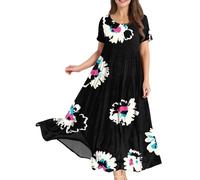 Boho Dresses for Women UK, Womens Summer Maxi Boho Beach Dress Floral Print Sundress Crew Neck Short Sleeve High Waist Flowy Tiered Long Dresses Birthday Gifts for Women,Black,L,u369k