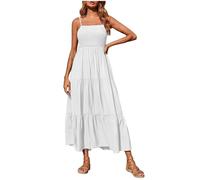 Boho Dresses for Women UK Women's Summer Midi Dresses Casual Smocked Elastic Waist A-line Beach Sundress Casual Spaghetti Strap Swing Long Flowy Dresses White XXL