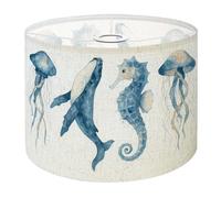 Boho Drum Lamp Shades - 11" x 11" x 8.9" Set sea animals Blue watercolor ocean fish whale seahorse Replacement Natural Linen Lampshades for Table Lamps, Floor Lamps Easy Assembly