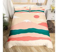 Boho Duvet Cover for Kids Teens Youth Abstract Bedding Set Double Mountain Mid Century Sunset Comforter Cover Japan Style Red Sunset Bed Cover with 2 Pillow Shams Zipper&Ties