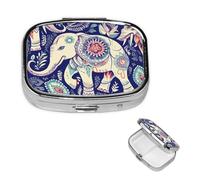 Boho Elephant Pill Box 2 Compartment Square Portable Pill Case for Pocket or Purse Pill Holder Weekly Pill Organizer Decorative Metal Medicine Vitamin Organizer Travel Gift