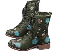 Boho Embroidered Boots for Women,Side Zip Vintage Flower Design Lace Up Leather Chunky Mid Heel Fall Winter Ankle Booties,Comfortable Round Toe Mid-Calf Retro Casual Shoes