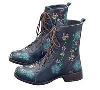Boho Embroidered Boots for Women, Vintage Flower Design Lace Up Leather Mid Heel Booties, Comfortable Round Toe Waterproof Mid Calf Casual Shoes