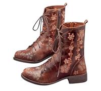 Boho Embroidered Boots for Women, Vintage Flower Design Lace Up Leather Mid Heel Booties, Comfortable Round Toe Waterproof Mid Calf Casual Shoes