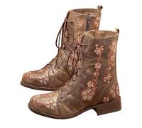 Boho Embroidered Boots for Women, Vintage Flower Design Lace Up Leather Mid Heel Booties, Comfortable Round Toe Waterproof Mid Calf Casual Shoes
