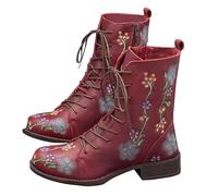 Boho Embroidered Boots for Women, Vintage Flower Design Lace Up Leather Mid Heel Booties, Comfortable Round Toe Waterproof Mid Calf Casual Shoes