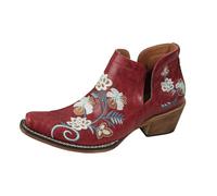 Boho Embroidered Low Heel Western Style Denim Ankle Boots for Festivals | Festival Friendly Ankle Boots with Block Heel for Everyday Travel, red, 2/2.5 UK