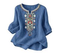 Boho Embroidered Tops for Women UK Cotton Linen Shirts 3/4 Sleeve Linen Tops Summer Mexican Shirts Peasant Style Fashion Hippie Clothes Floral Loose Holiday Beach Tee Shirts Plus Size
