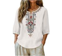 Boho Embroidered Tops for Women UK Cotton Linen Shirts 3/4 Sleeve Linen Tops Summer Mexican Shirts Peasant Style Fashion Hippie Clothes Floral Loose Holiday Beach Tee Shirts Plus Size