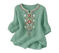 Boho Embroidered Tops for Women UK Cotton Linen Shirts 3/4 Sleeve Linen Tops Summer Mexican Shirts Peasant Style Fashion Hippie Clothes Floral Loose Holiday Beach Tee Shirts Plus Size
