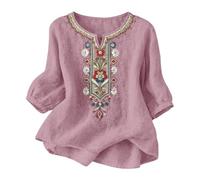Boho Embroidered Tops for Women UK Cotton Linen Shirts 3/4 Sleeve Linen Tops Summer Mexican Shirts Peasant Style Fashion Hippie Clothes Floral Loose Holiday Beach Tee Shirts Plus Size