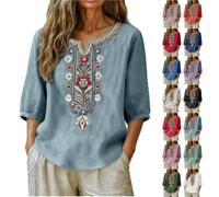 Boho Embroidered Tops for Women UK Cotton Linen Shirts 3/4 Sleeve Linen Tops Summer Mexican Shirts Peasant Style Fashion Hippie Clothes Floral Loose Holiday Beach Tee Shirts Plus Size
