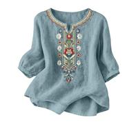 Boho Embroidered Tops for Women UK Cotton Linen Shirts 3/4 Sleeve Linen Tops Summer Mexican Shirts Peasant Style Fashion Hippie Clothes Floral Loose Holiday Beach Tee Shirts Plus Size
