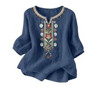 Boho Embroidered Tops for Women UK Cotton Linen Shirts 3/4 Sleeve Linen Tops Summer Mexican Shirts Peasant Style Fashion Hippie Clothes Floral Loose Holiday Beach Tee Shirts Plus Size