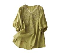 Boho Embroidered Tops for Women UK Plus Size Cotton Linen Peasant Blouse Mexican Style Bohemian 3/4 Sleeve Summer Shirt Hippie Clothes Cornish May Festival Tunics