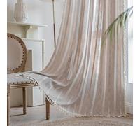Boho Embroidery Striped Linen Curtains - 84 Inch Long, 2 Panels Semi-Blackout, Country Farmhouse & Bohemian Light Filtering for Bedroom & Living Room