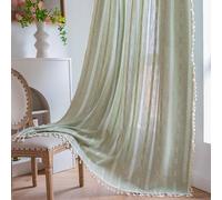 Boho Embroidery Striped Linen Curtains - 84 Inch Long, 2 Panels, Semi-Blackout, Sage Green, Country Farmhouse, Bohemian, Light Filtering