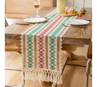 Boho Embroidery Table Runner for Festival Decor - Rustic Farmhouse Dining Table Cloth with Tassels, Macrame Centerpiece Woven Cotton Fabric for Wedding Party Picnic Home Decor (#5,33x224cm)