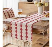 Boho Embroidery Table Runner for Festival Decor - Rustic Farmhouse Dining Table Cloth with Tassels, Macrame Centerpiece Woven Cotton Fabric for Wedding Party Picnic Home Decor (#1,33x183cm)