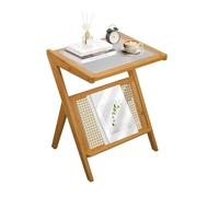 Boho End Table with Storage, Rattan Side Table for Living Room, Bedroom, Bedside, Small Wood Coffee Table, Farmhouse Accent Table