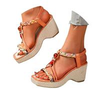 Boho Espadrille For Women, Wedge Square Head Bohemian Sandals, Ladies Roman Beaded Getaway Sandal With Elasticated Back Strap, Platform Anti-Slip Elegant Holiday Shoes, Summer Footwear For Vacation