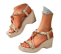 Boho Espadrille For Women, Wedge Square Head Bohemian Sandals, Ladies Roman Beaded Getaway Sandal With Elasticated Back Strap, Platform Anti-Slip Elegant Holiday Shoes, Summer Footwear For Vacation
