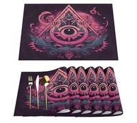 Boho Evil Eye Pattern Placemats Set of 6, Polyester Linen Table Mats, Heat Resistant Washable Fabric Placemats, Decorative Table Setting for Kitchen Party Wedding