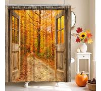 Boho Fall Forest Shower Curtain, Autumn Nature Jungle Woodland Maple Leaves Tree Shower Curtain Set, Rustic Barn Door Fabric Farmhouse Cabin Shower Curtain for Bathroom 12 Hooks, 72x72 Orange Yellow