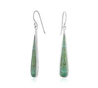 Boho Fashion Gemstone Blue Flat Turquoise Inlay Long Flat Teardrop Shaped Dangle Earrings Western Style For Women Teens .925 Sterling Silver Fish Hook Wire Threader