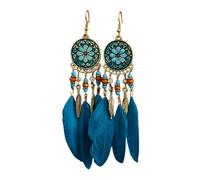 Boho Feather Leaf Dangle Earrings, Classic Ethnic Retro Temperament Chain Leaf Bead Tassel Earrings (Blue,12cm)