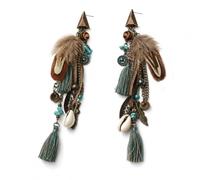 Boho Feather Tassel Earrings - Turquoise Beaded Tribal Dangle Long Drop