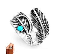 Boho Feather Turquoise Adjustable Ring,Silver Wide Nature Leaf Ring,Thumb Ring for Women Men