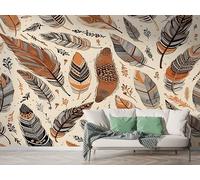 Boho Feather Wall Mural, Self-Adhesive Peel & Stick Wallpaper, Ethnic Style Bohemian Design Photo Wallpaper for Living Room & Bedroom (250x175 cm), M-961