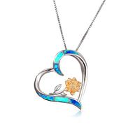 Boho Female Blue White Fire Opal Necklace Cute Big Flower Heart Pendants Silver Color Necklaces For Women