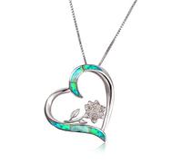 Boho Female Blue White Fire Opal Necklace Cute Big Flower Heart Pendants Silver Color Necklaces For Women